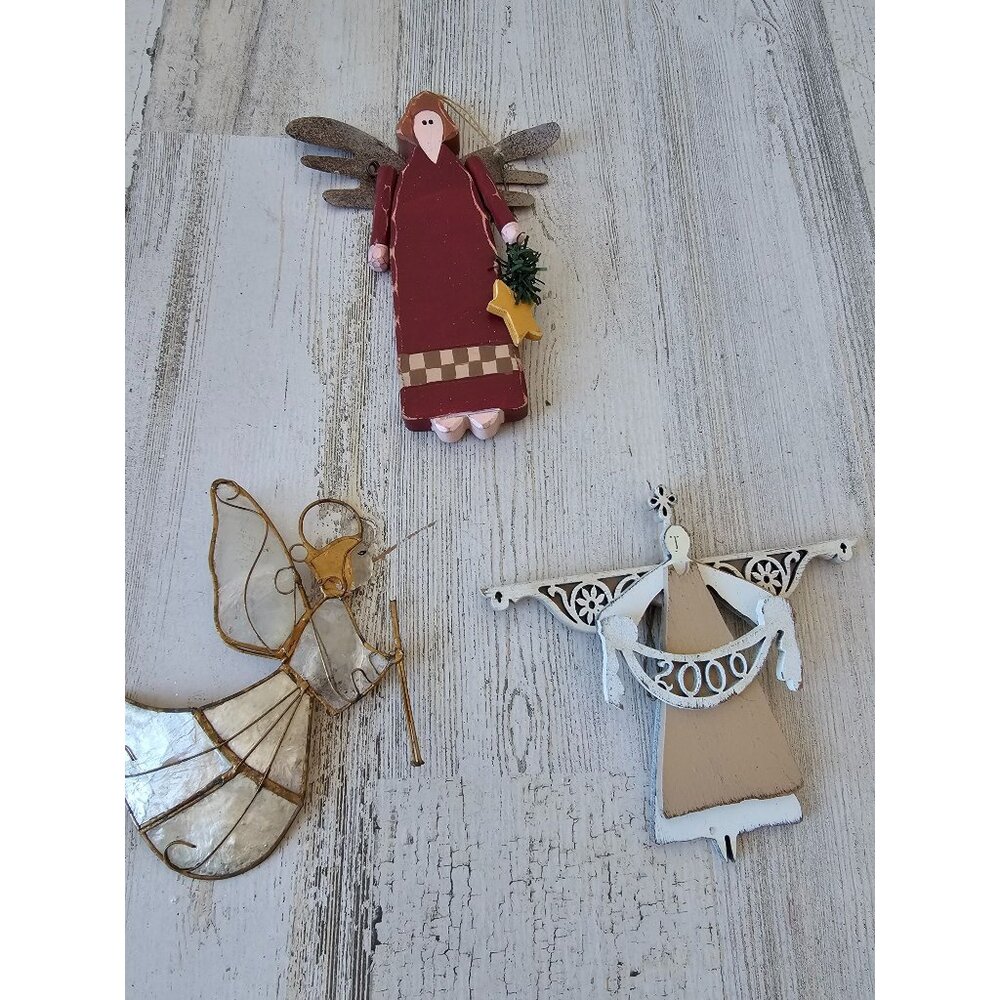 Stained glass wooden angel‎ cherub ornament set star vintage